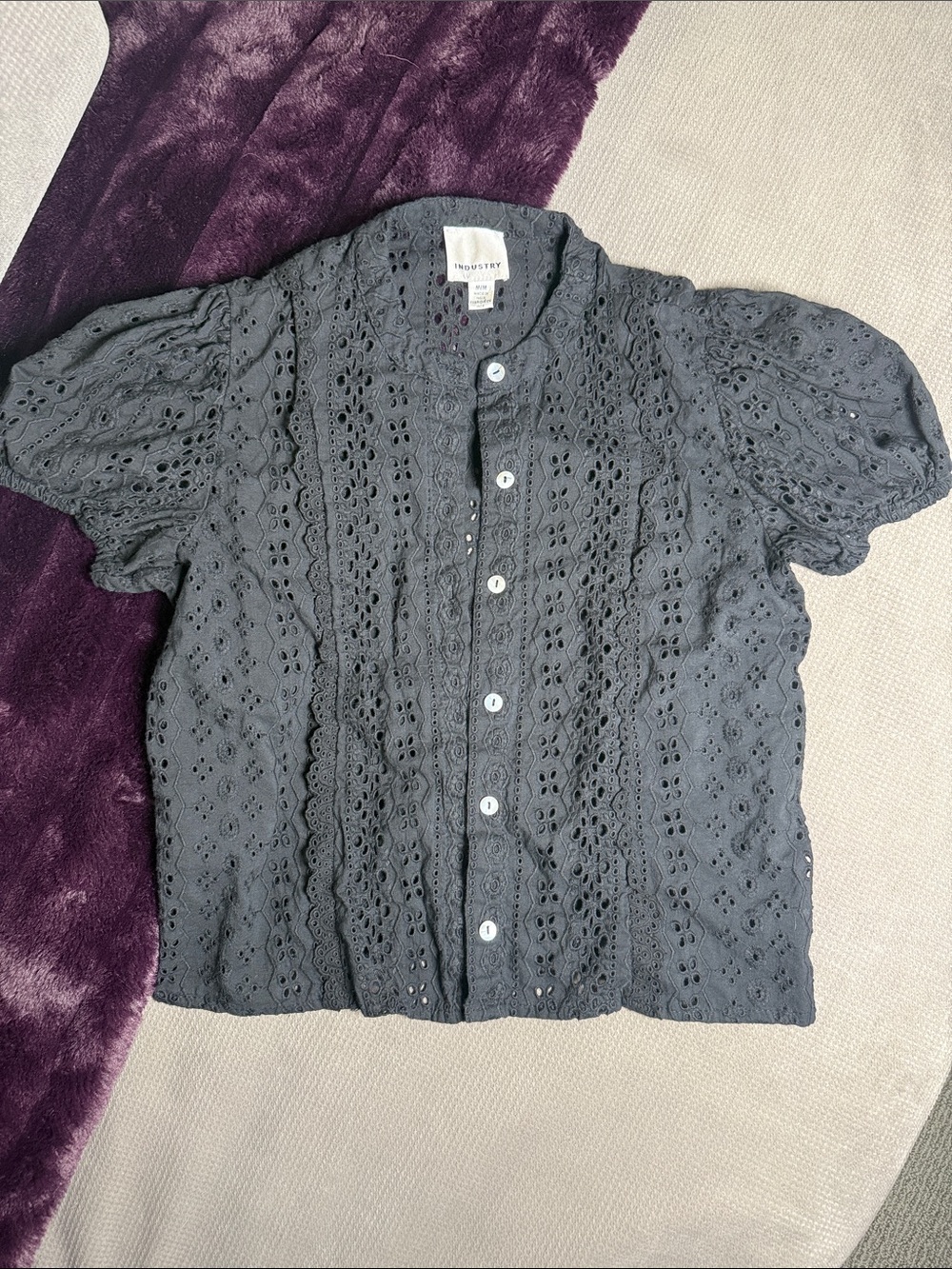 Eyelet Button-Front Blouse in Black